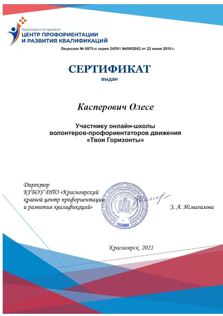 сертификат волонтеры Касперович А